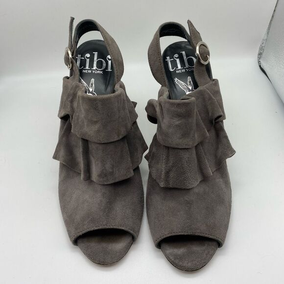 Tibi Grey Suede Ruffle Slingback Peep Toe Bootie 6B - Picture 2 of 10